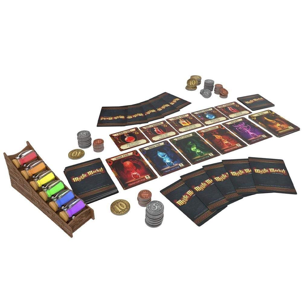 ThinkFun Mystic Market ingredient vials laid out, highlighting tactile components for strategic play.