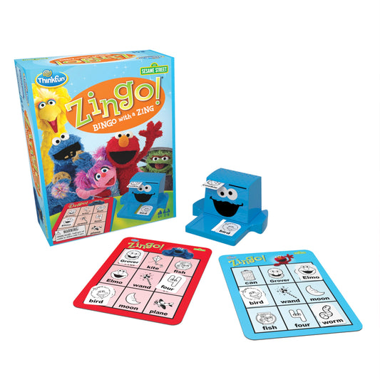 ThinkFun Sesame Street Zingo Cookie Monster Zinger reveals tiles for fast matching and language play.