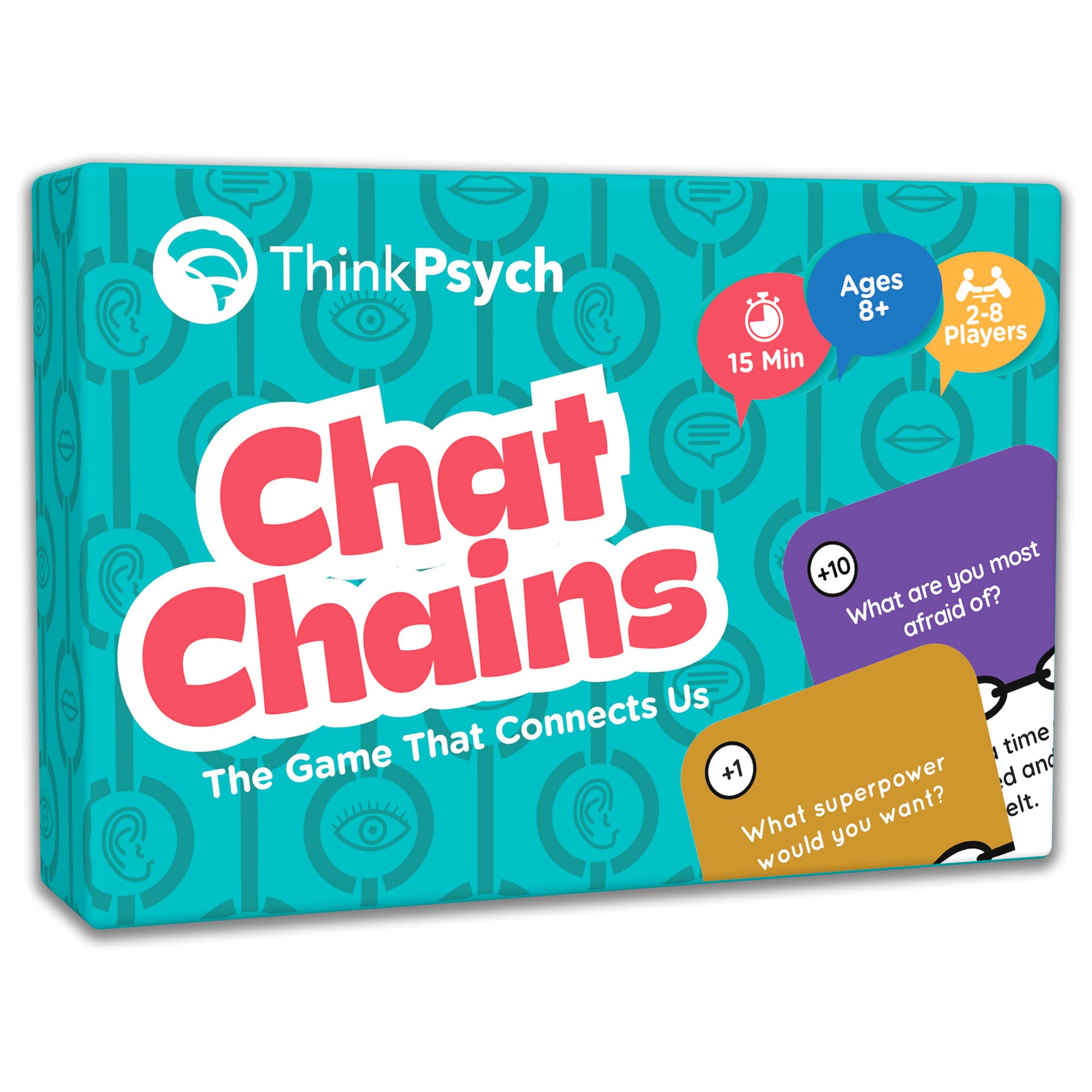 ThinkPsych Chat Chains box and cards on table for social skills practice.