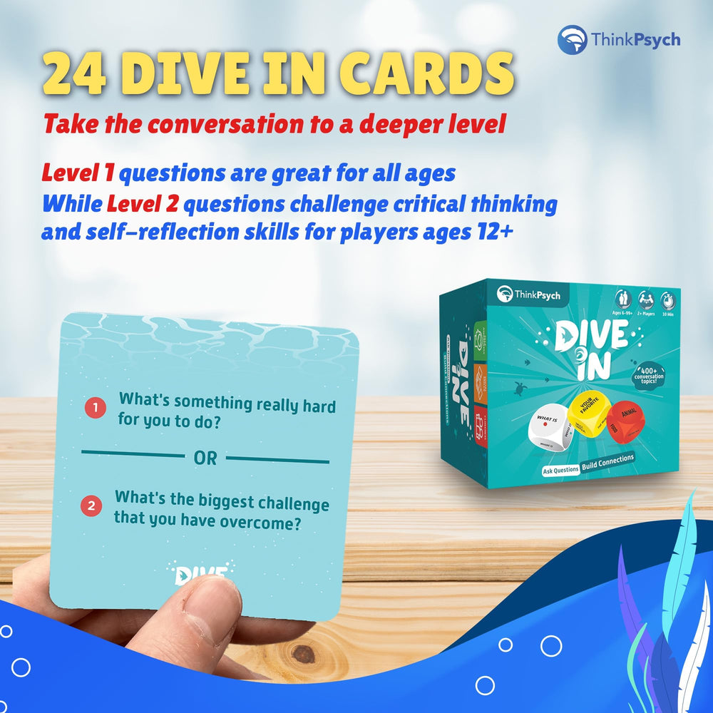 ThinkPsych Dive In closeup of cards inviting conversation and learning.