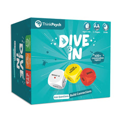 ThinkPsych Dive In cards and dice on table for engaging family conversations.