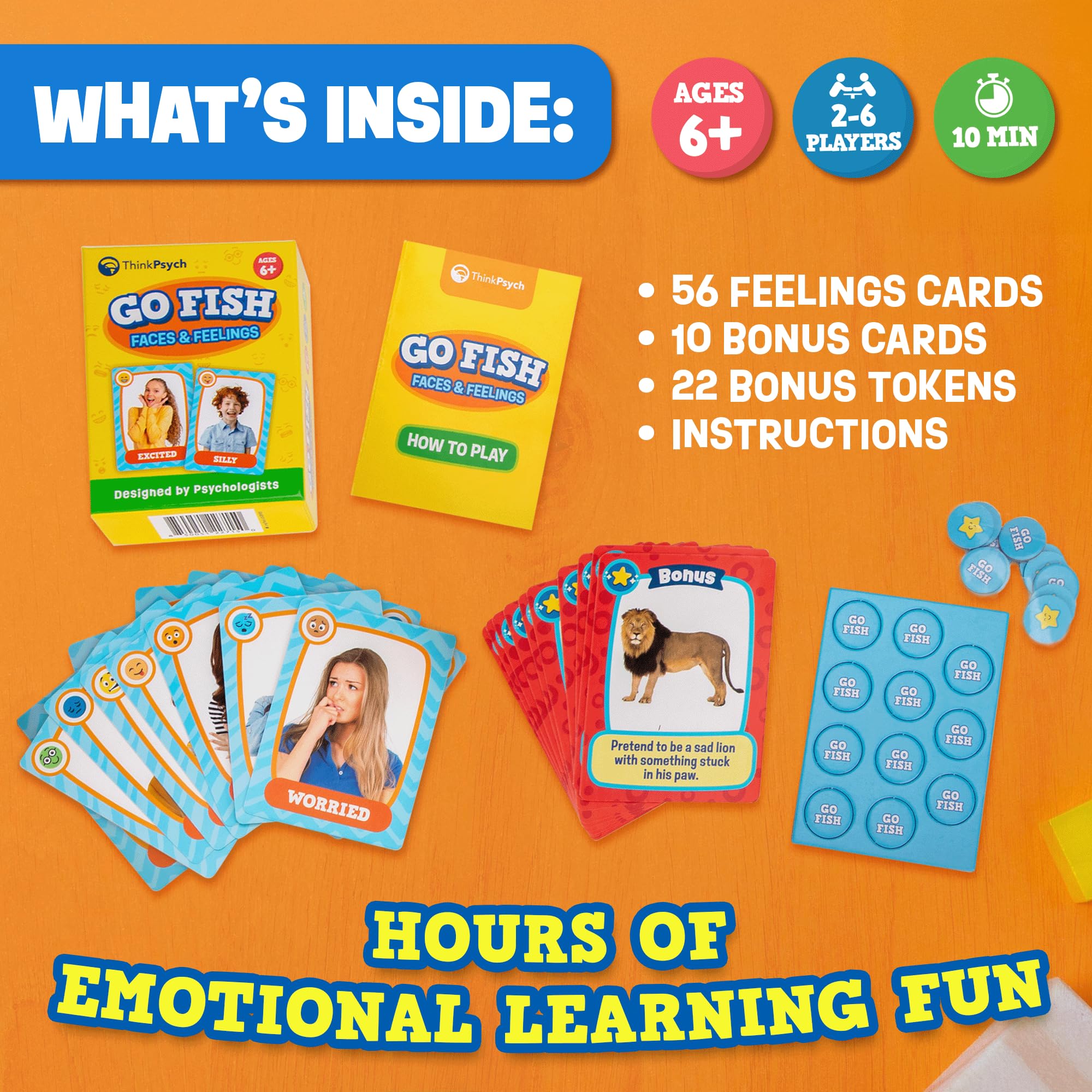 ThinkPsych Go Fish faces feelings instructions describe simple rules for home, school, or therapy.