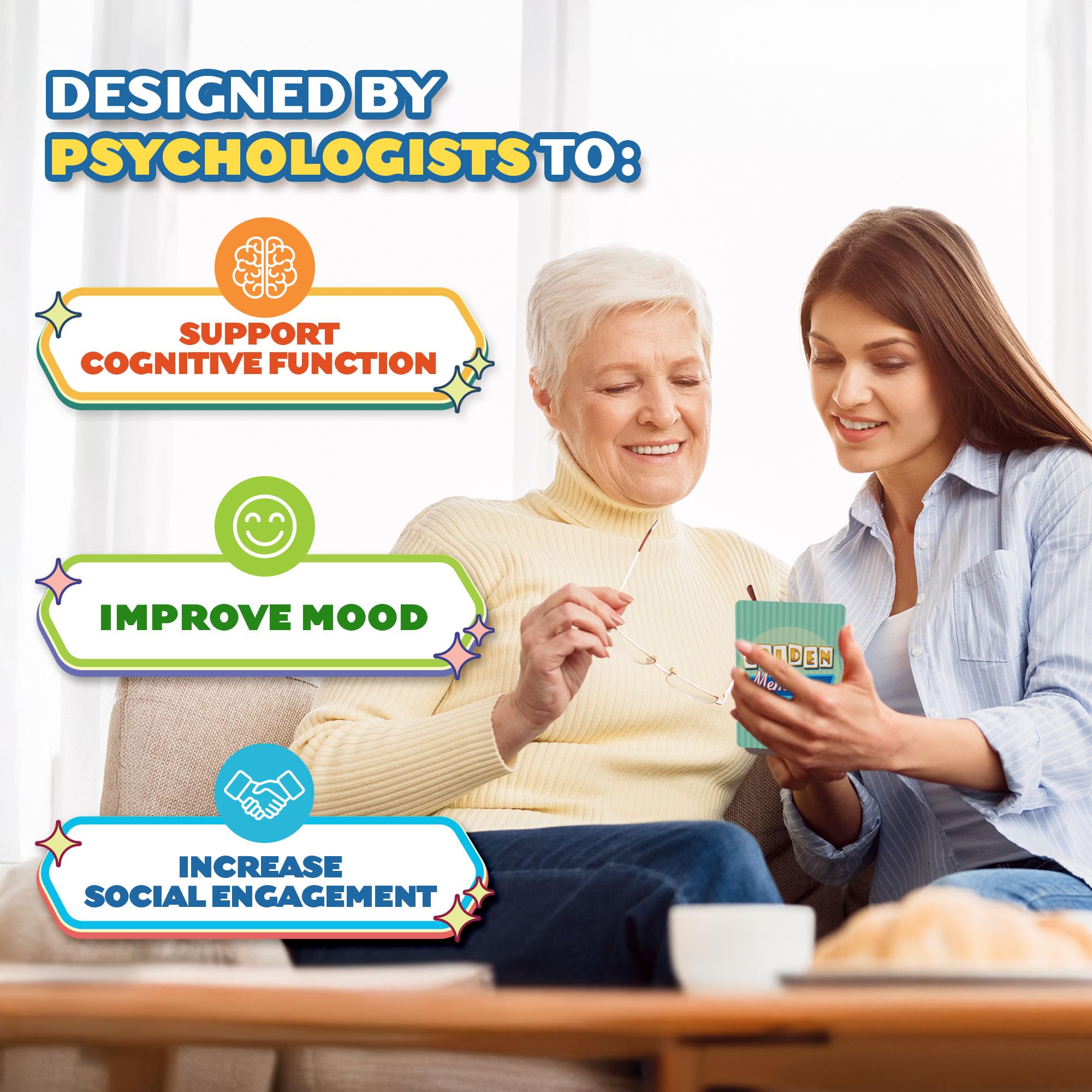 ThinkPsych Golden Memories large-print text aids reading during conversations.