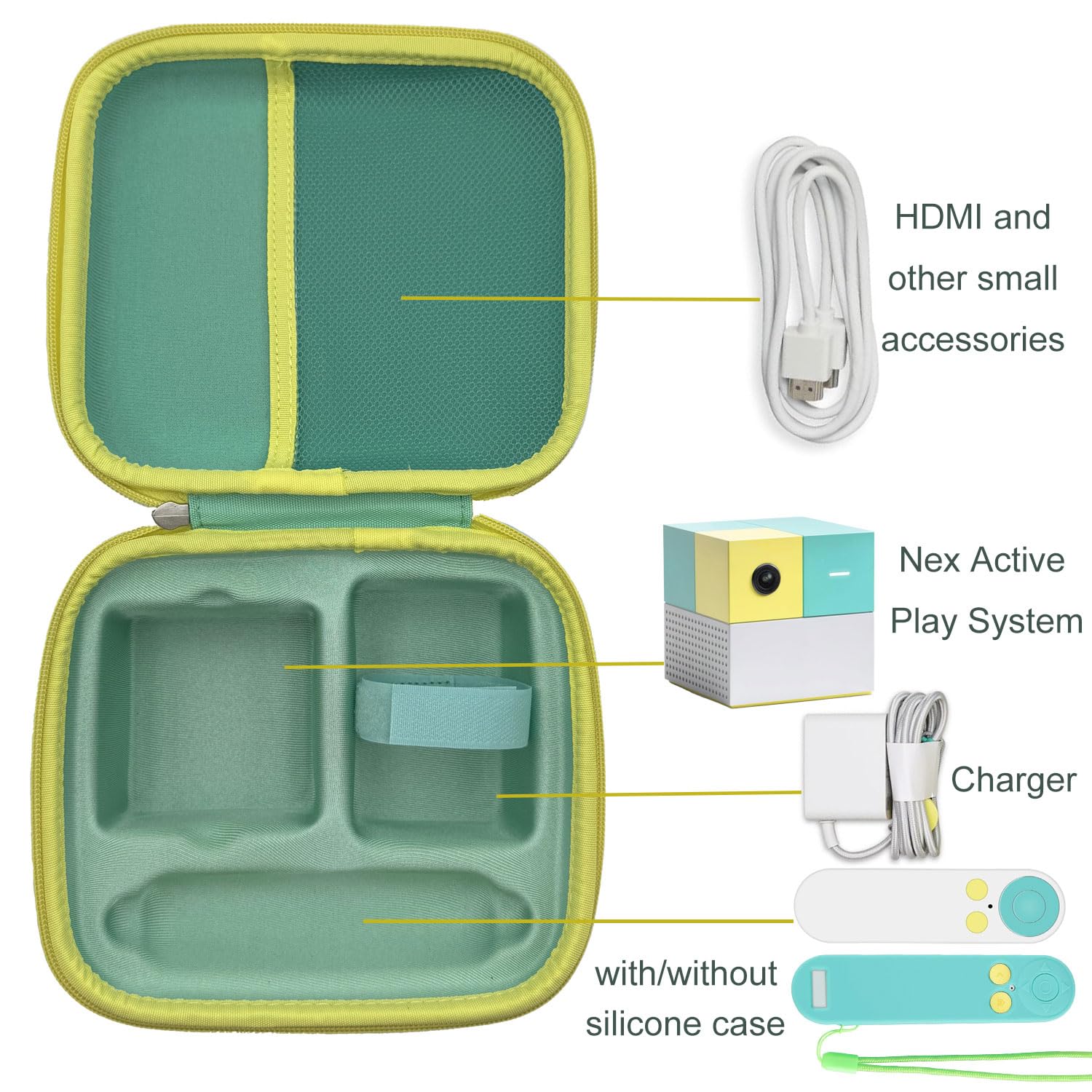 Durable hard-shell exterior shields Nex Playground accessories from bumps during travel.