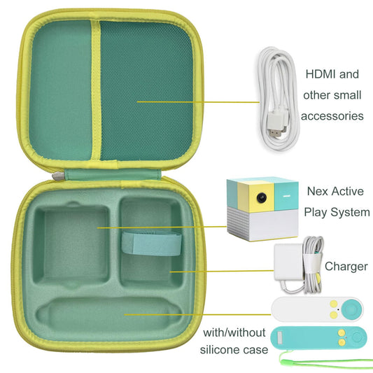 Durable hard-shell exterior shields Nex Playground accessories from bumps during travel.