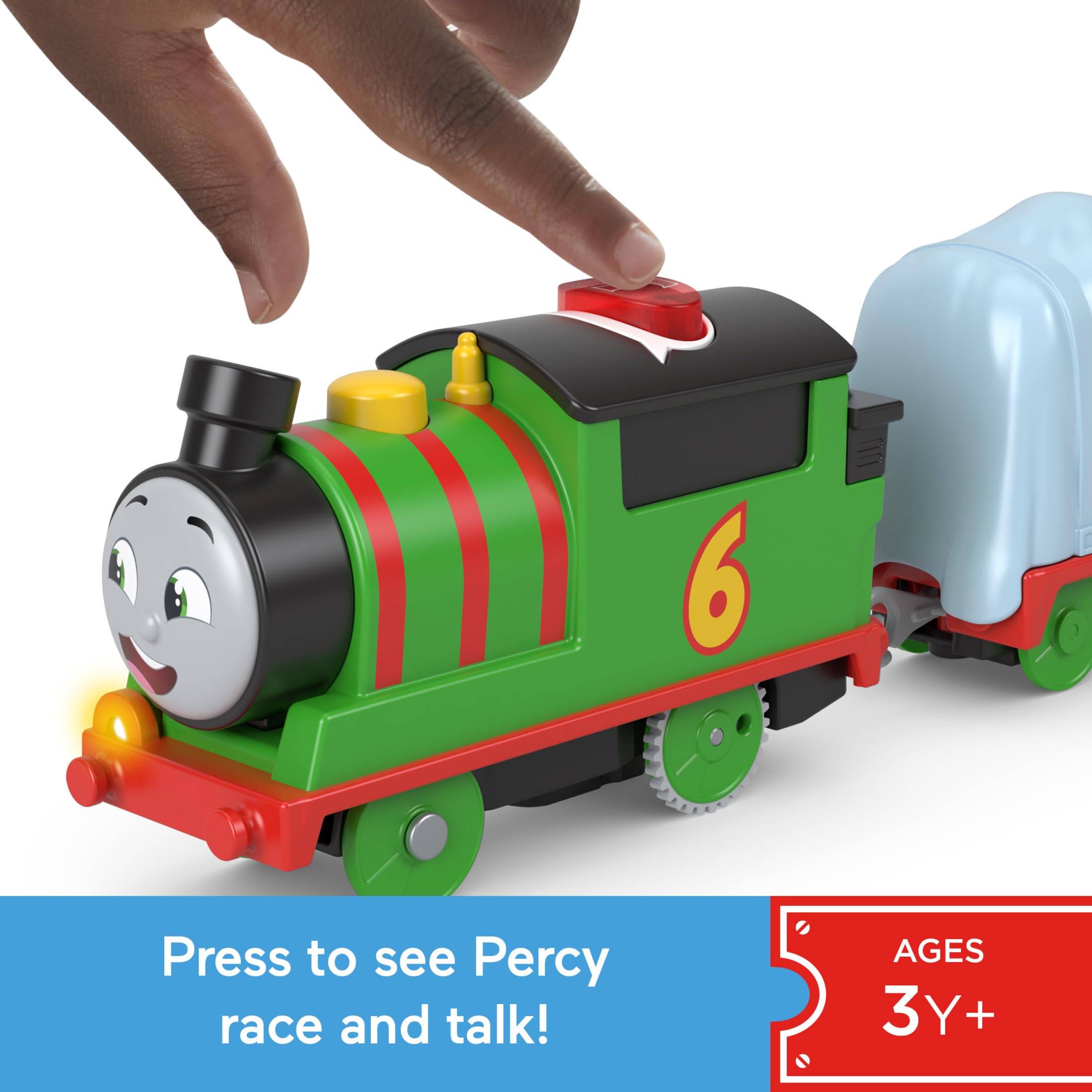 Thomas & Friends Percy train side view highlighting character styling and authentic sounds for imaginative play.