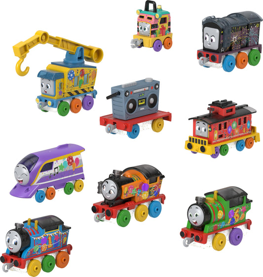 Thomas and Friends trains on track play set displays colorful celebration locomotives.