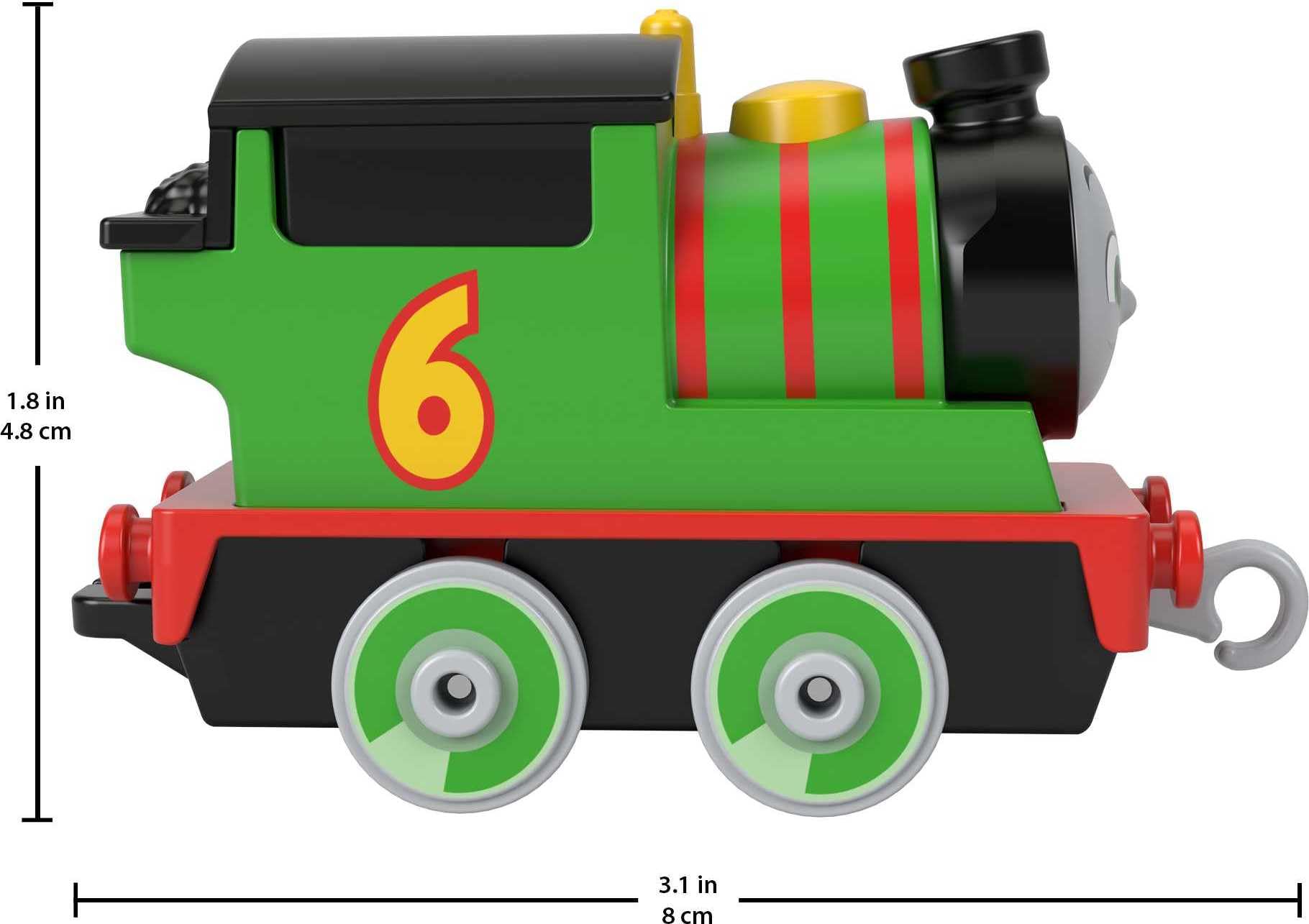 Thomas and Friends Percy side view, battery-free propulsion for portable pretend journeys.