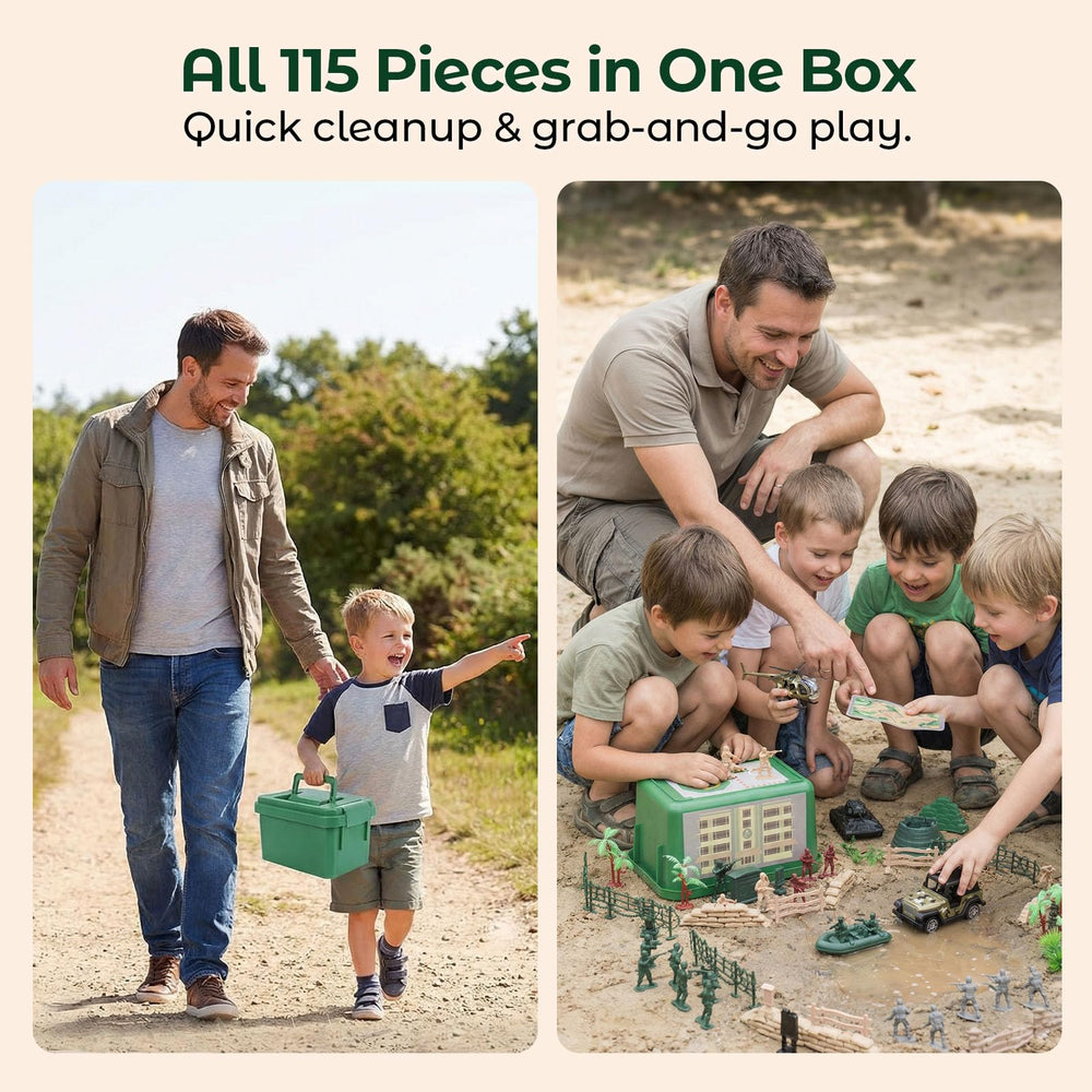 Three Otters army playset storage box keeps 115 pieces tidy and portable.