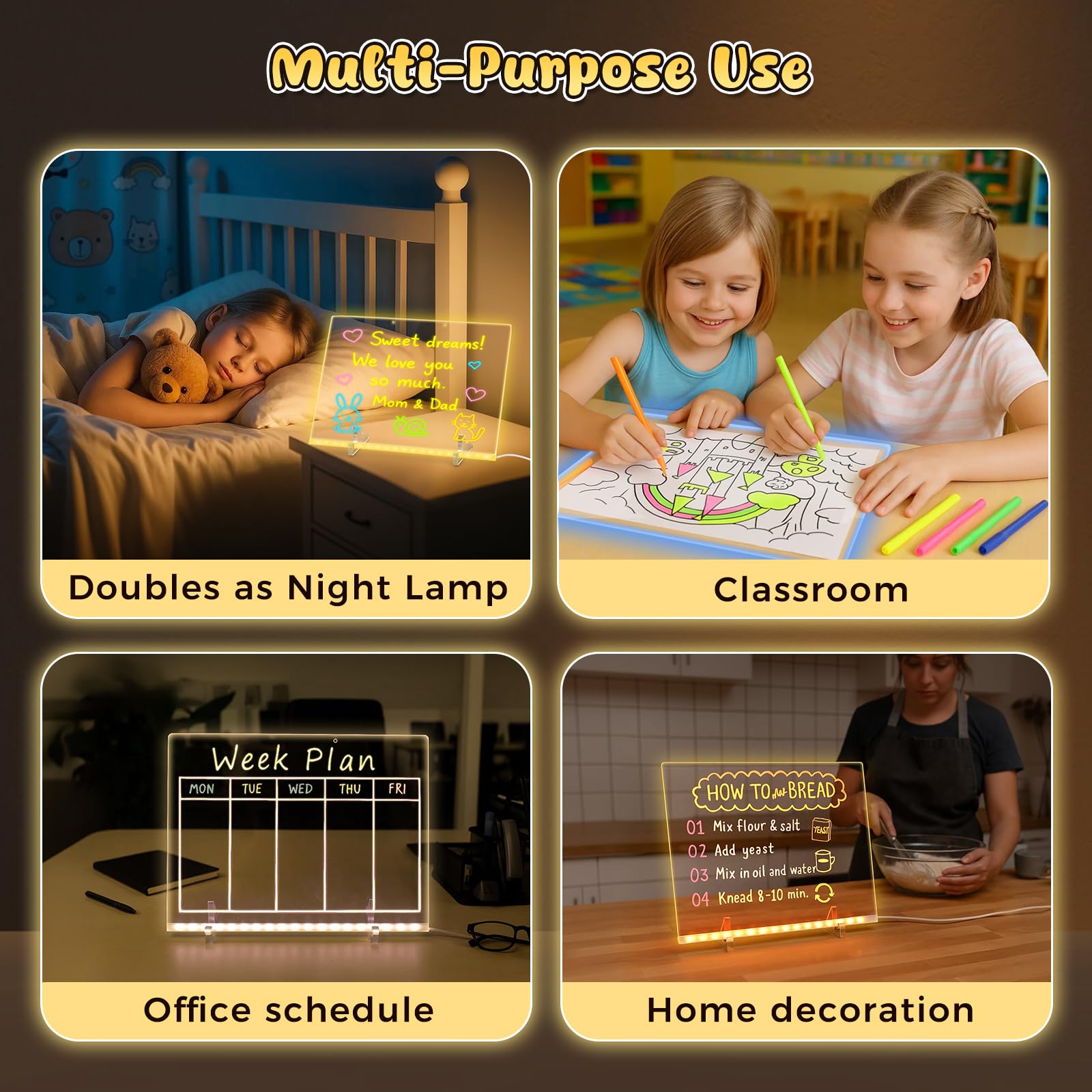 Three Otters LED note board includes tracing cards to spark imagination.