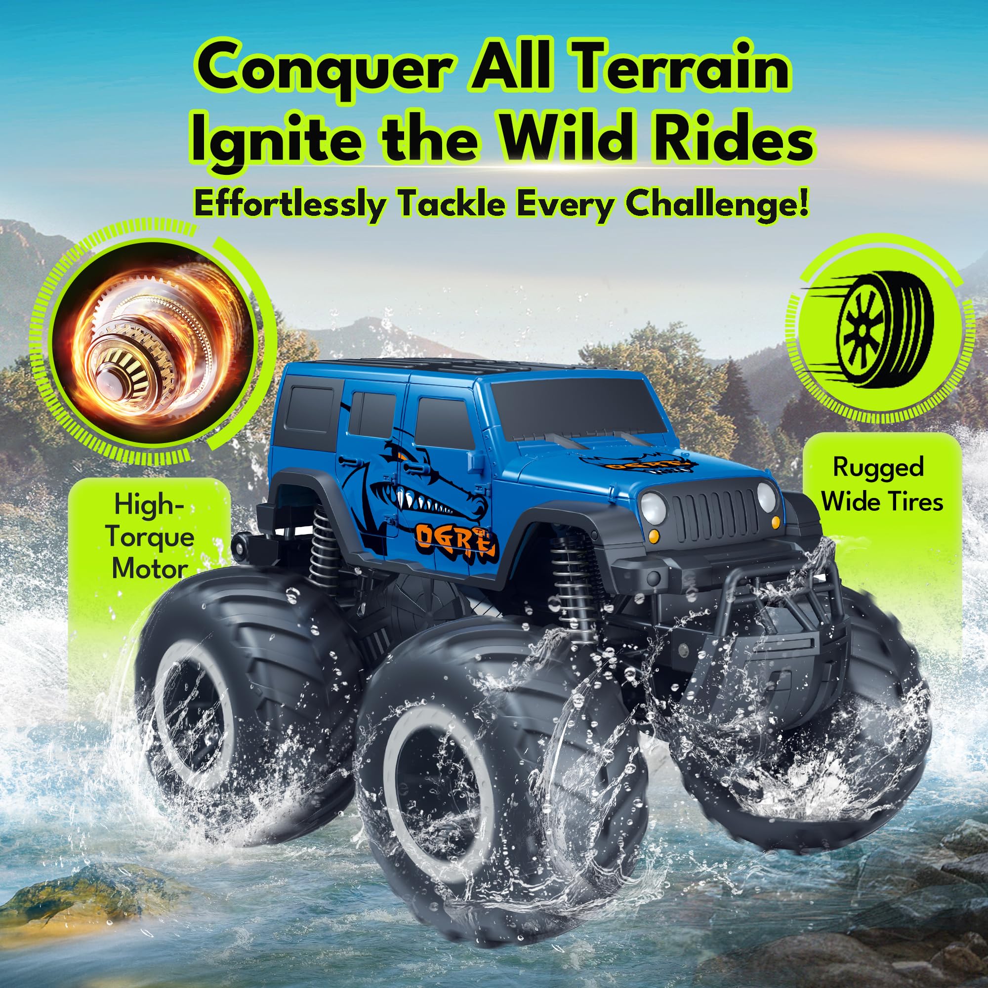 Threeking 1:16 waterproof monster truck on rugged terrain showing durability