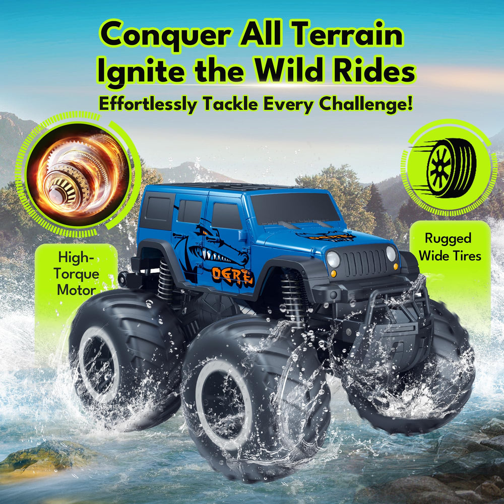 Threeking 1:16 waterproof monster truck on rugged terrain showing durability