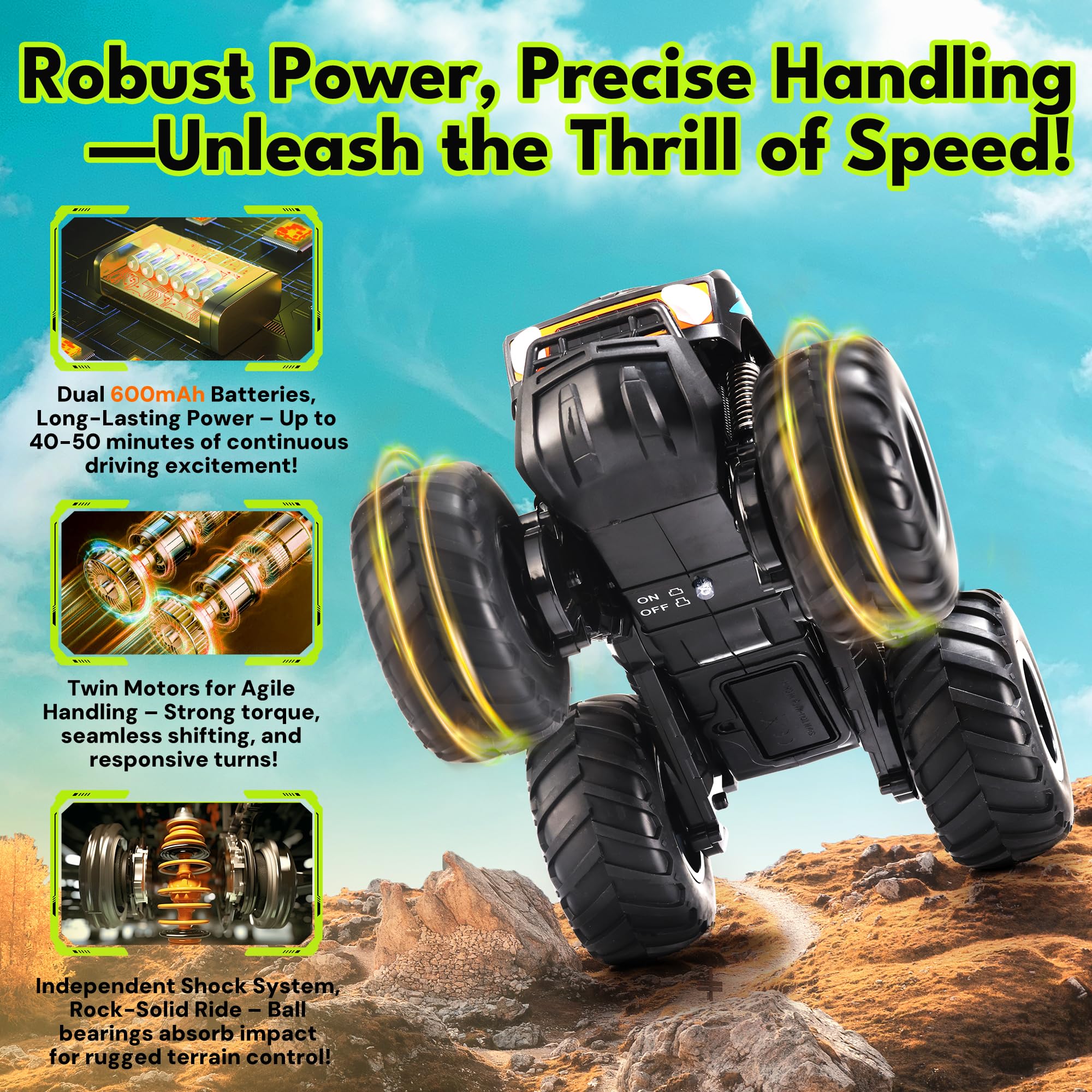 Threeking 1:16 waterproof monster truck tires with shock absorption in use