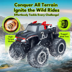Threeking Monster Truck off road terrain on sand, grass, and rocks