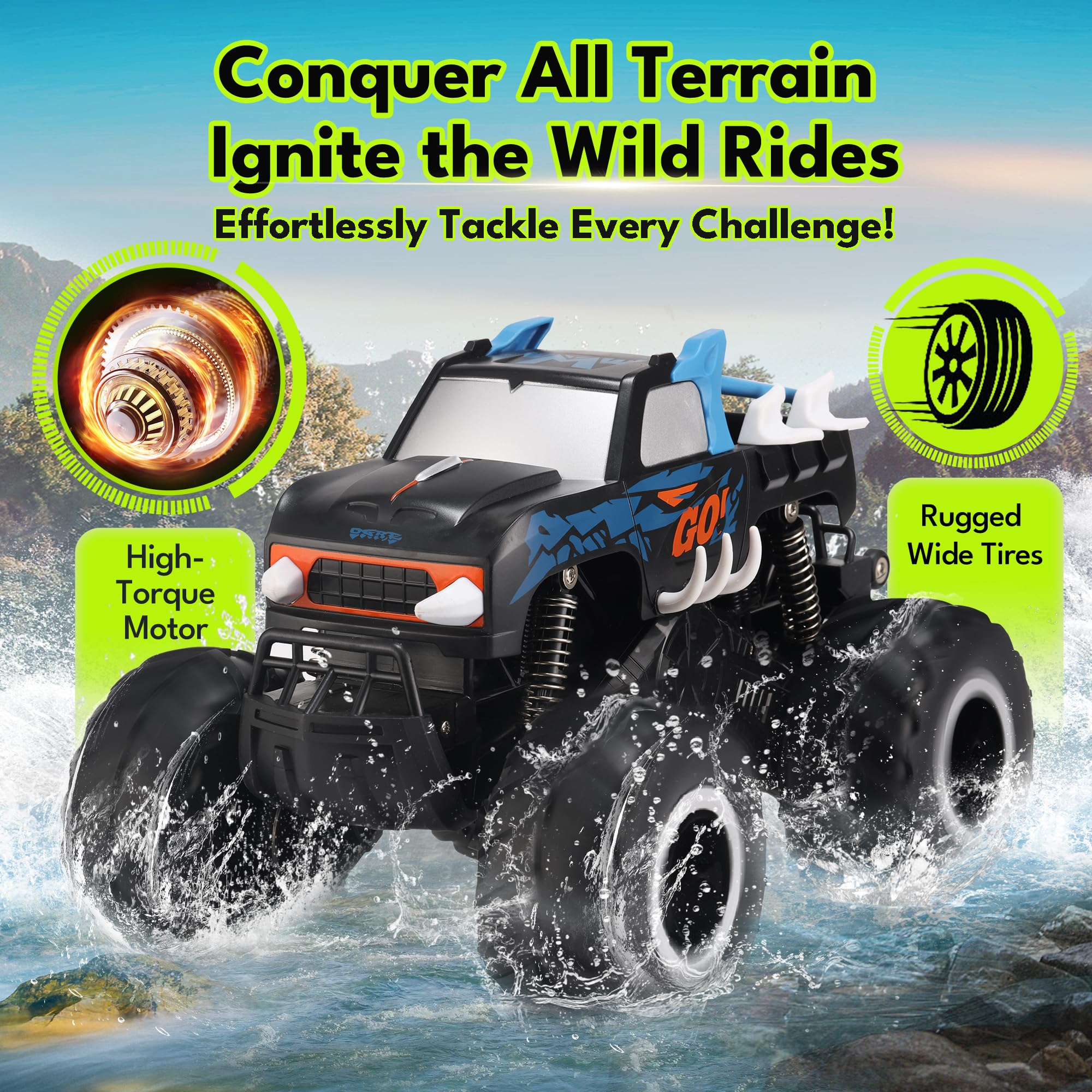 Threeking Monster Truck tire close-up reveals deep treads for grip