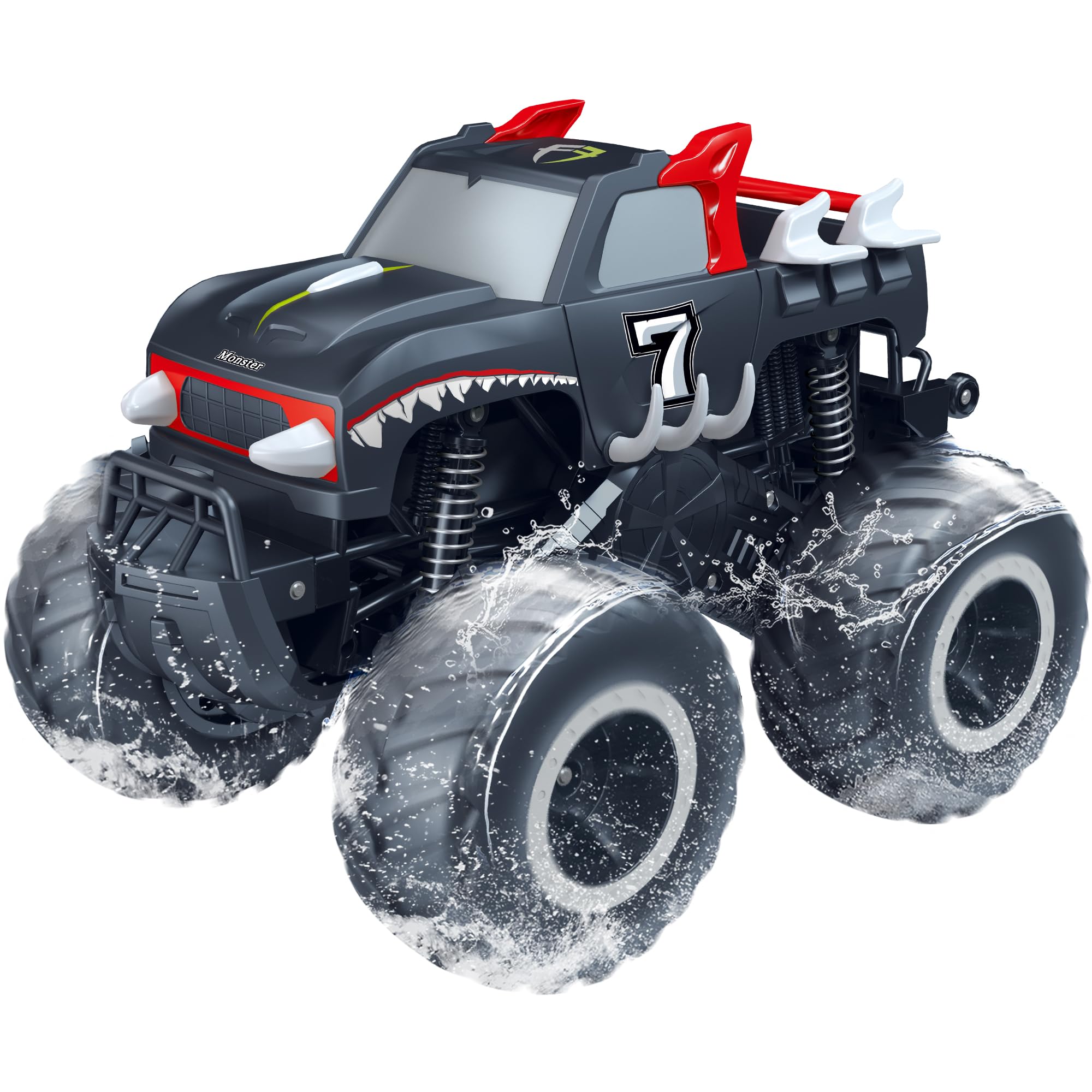 Threeking Monster Truck waterproof front view on rugged terrain for all-weather play