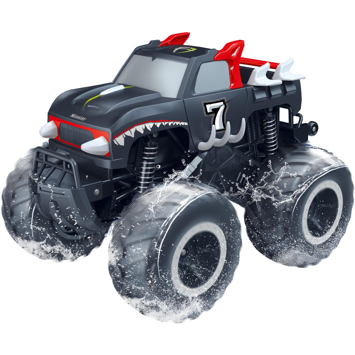 Threeking Monster Truck waterproof front view on rugged terrain for all-weather play