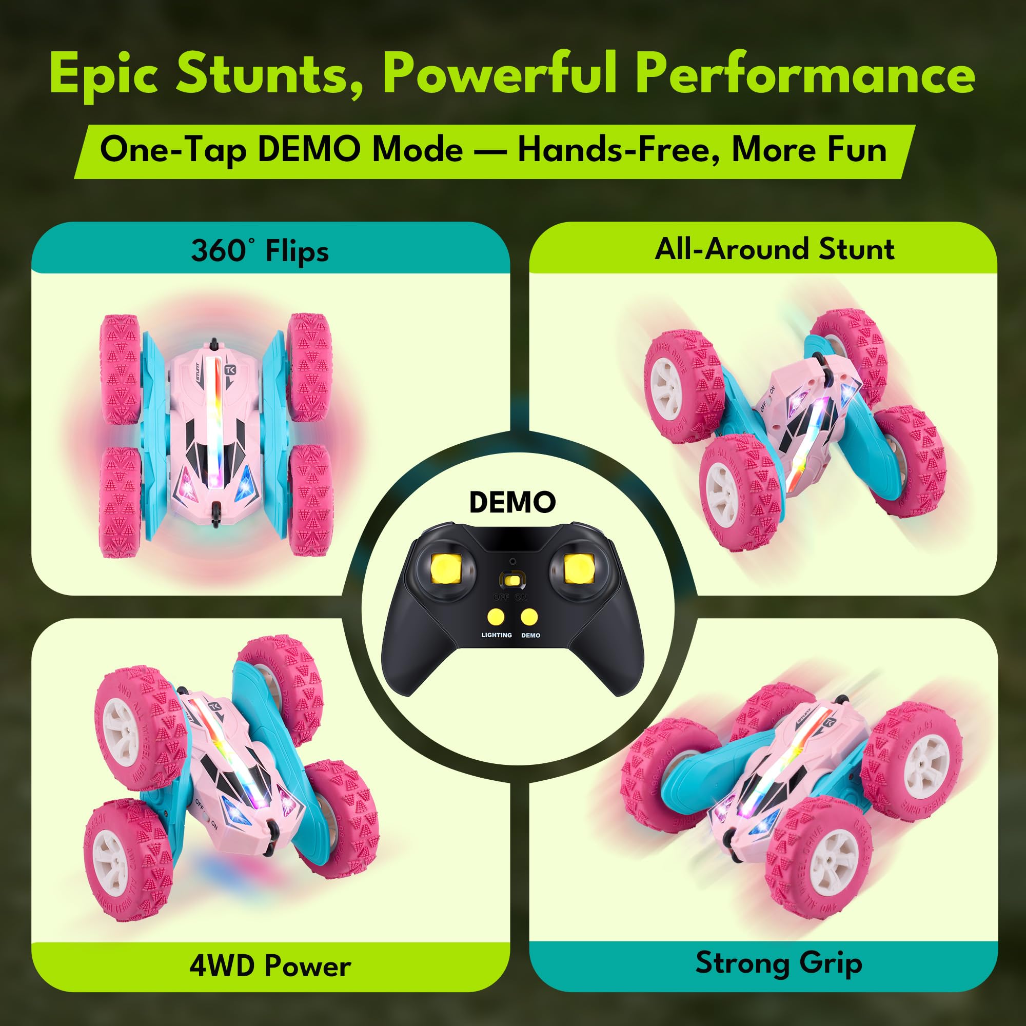 Threeking RC car battery swappable pink shows long play without tools