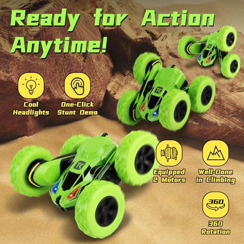 Threeking remote control car green side view, dual-side driving for versatile control