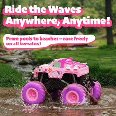 Threeking RC monster truck with rugged all-terrain tires for grip on many surfaces