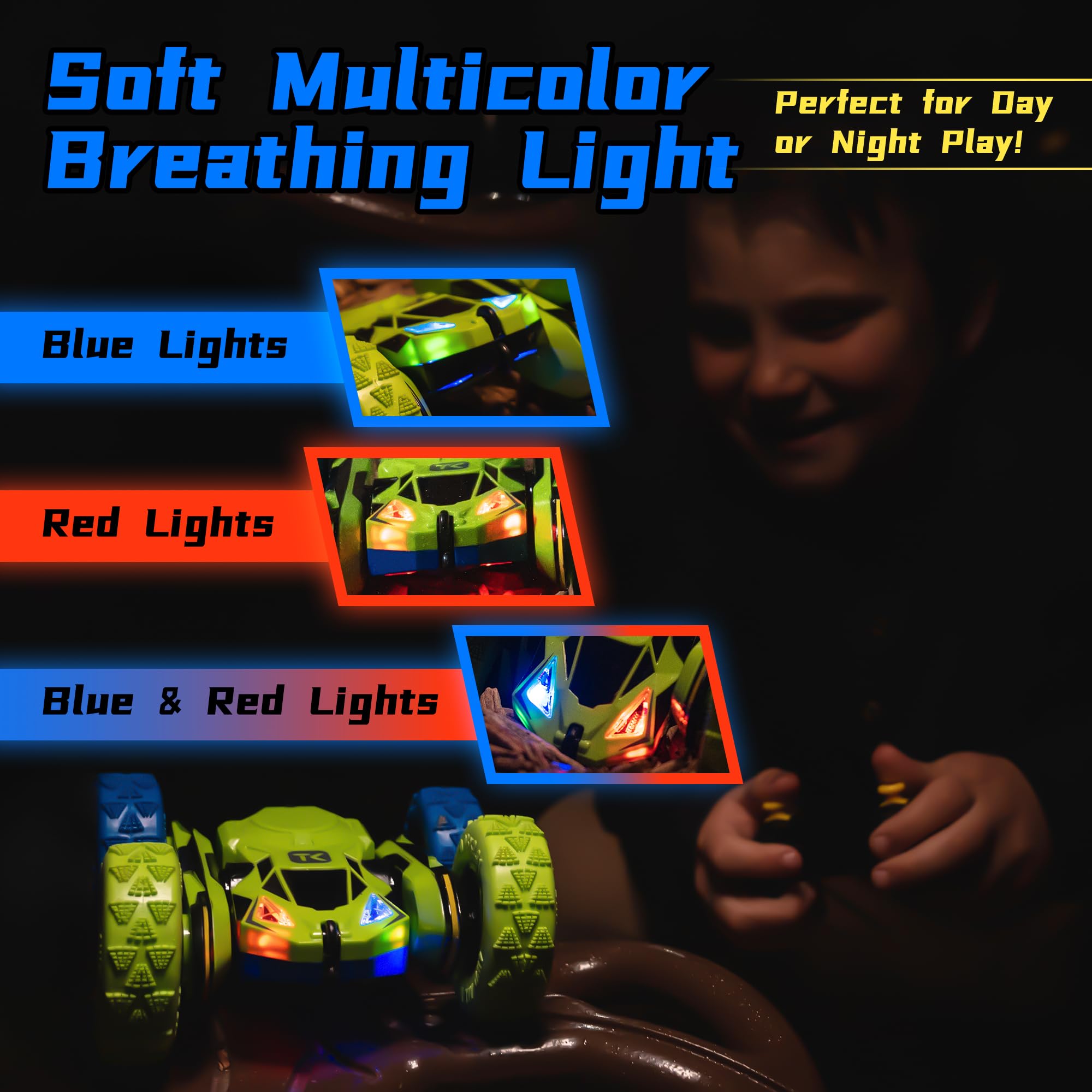 Threeking RC stunt car color-changing lights enhance visibility during play