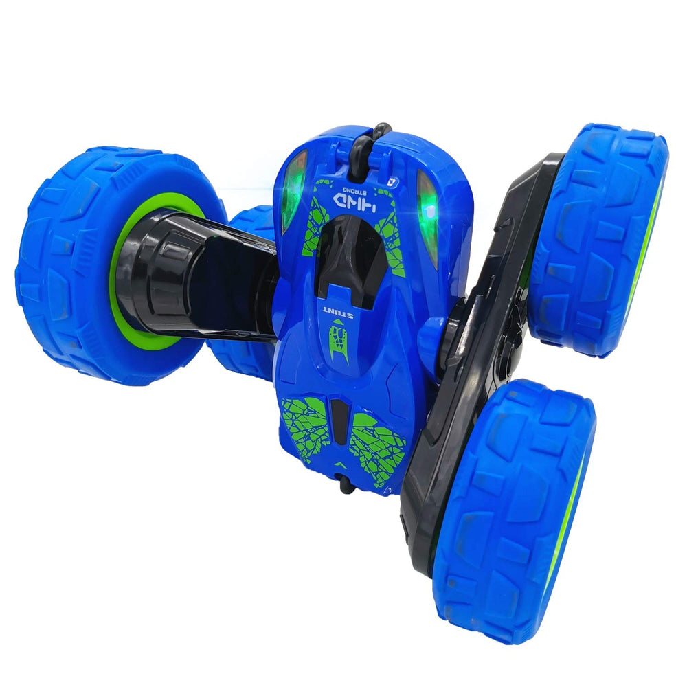 Threeking RC stunt car double-sided drive to clear obstacles smoothly.