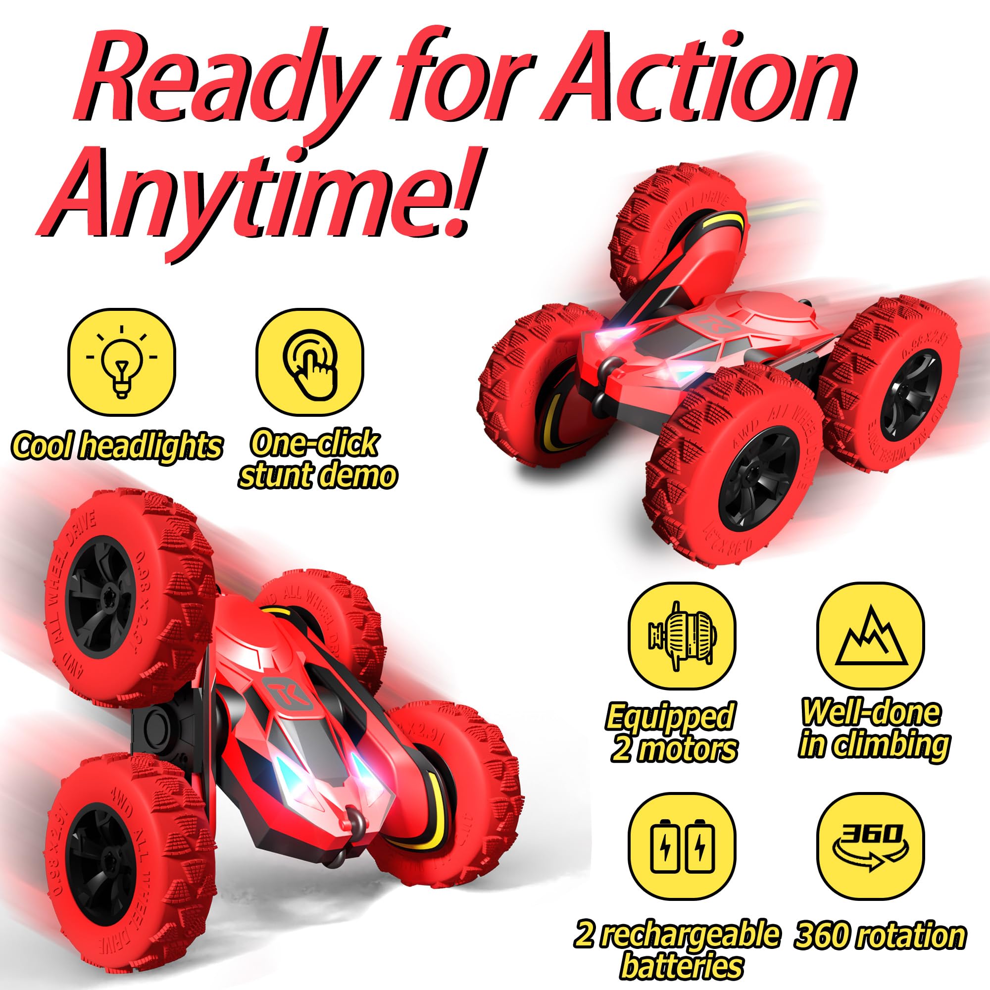 Threeking RC stunt car operates in double-sided mode to beat obstacles.