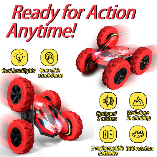 Threeking RC stunt car operates in double-sided mode to beat obstacles.