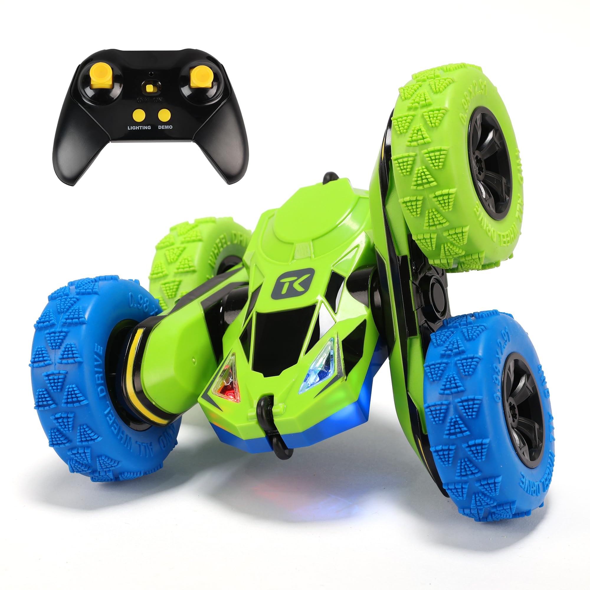 Threeking RC stunt car front view with lights for dynamic indoor play