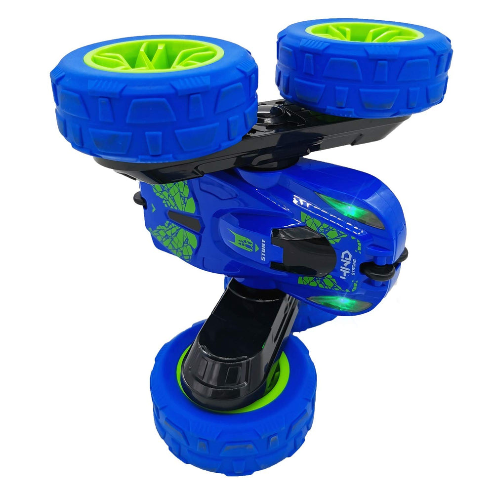 Threeking RC stunt car outdoors on pavement showing rugged grip.