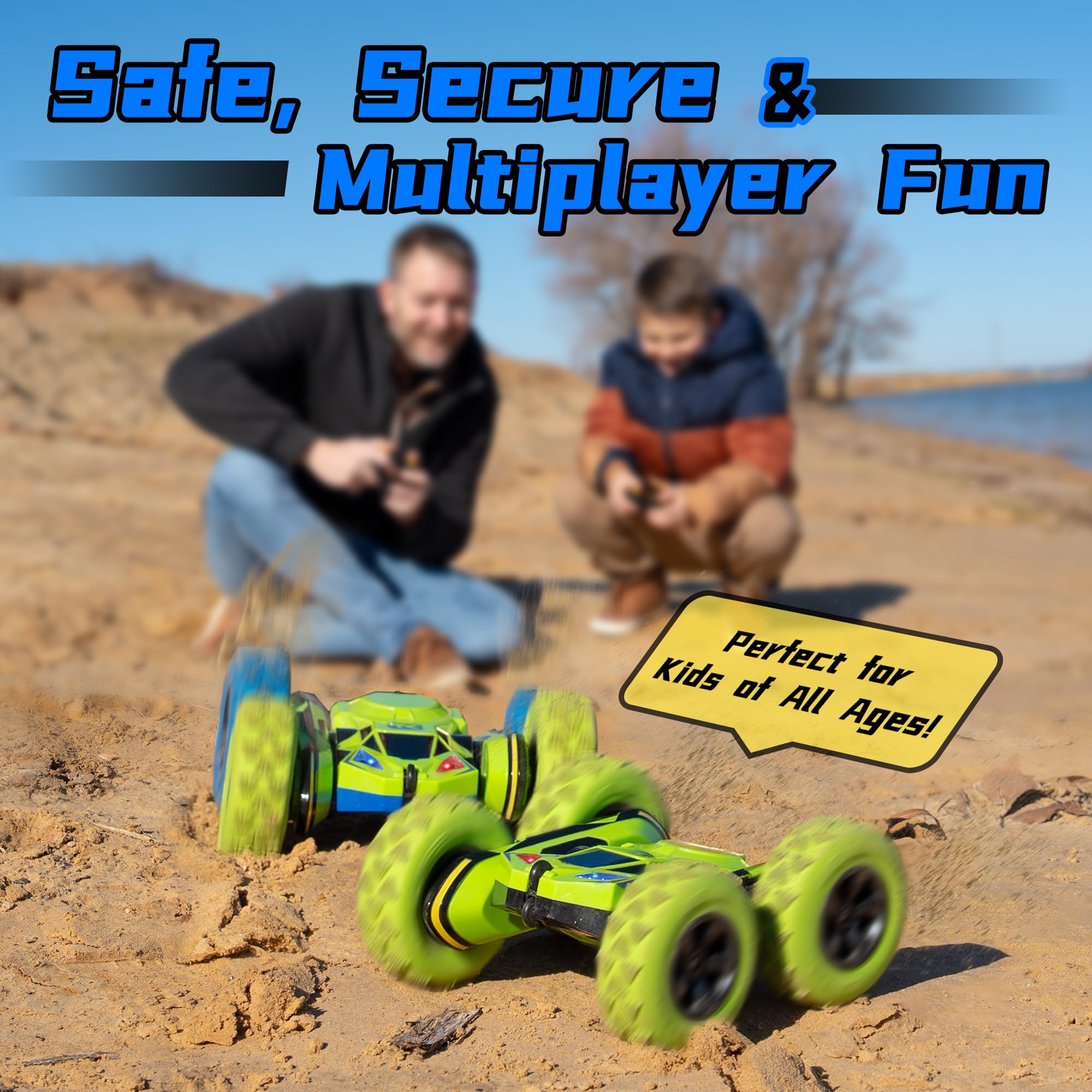 Threeking RC stunt car six-car race with 160 ft range