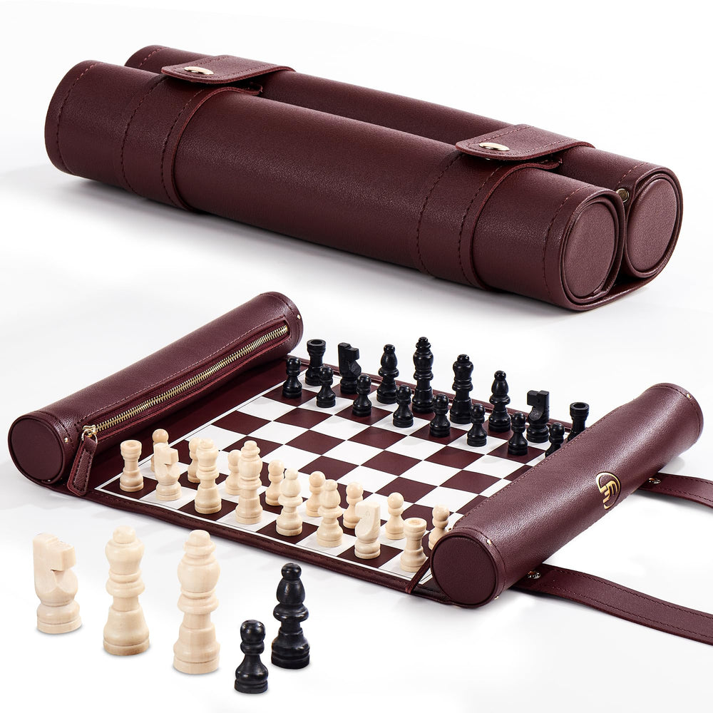ThreeMoves roll-up chess set with black leather mat, travel ready.