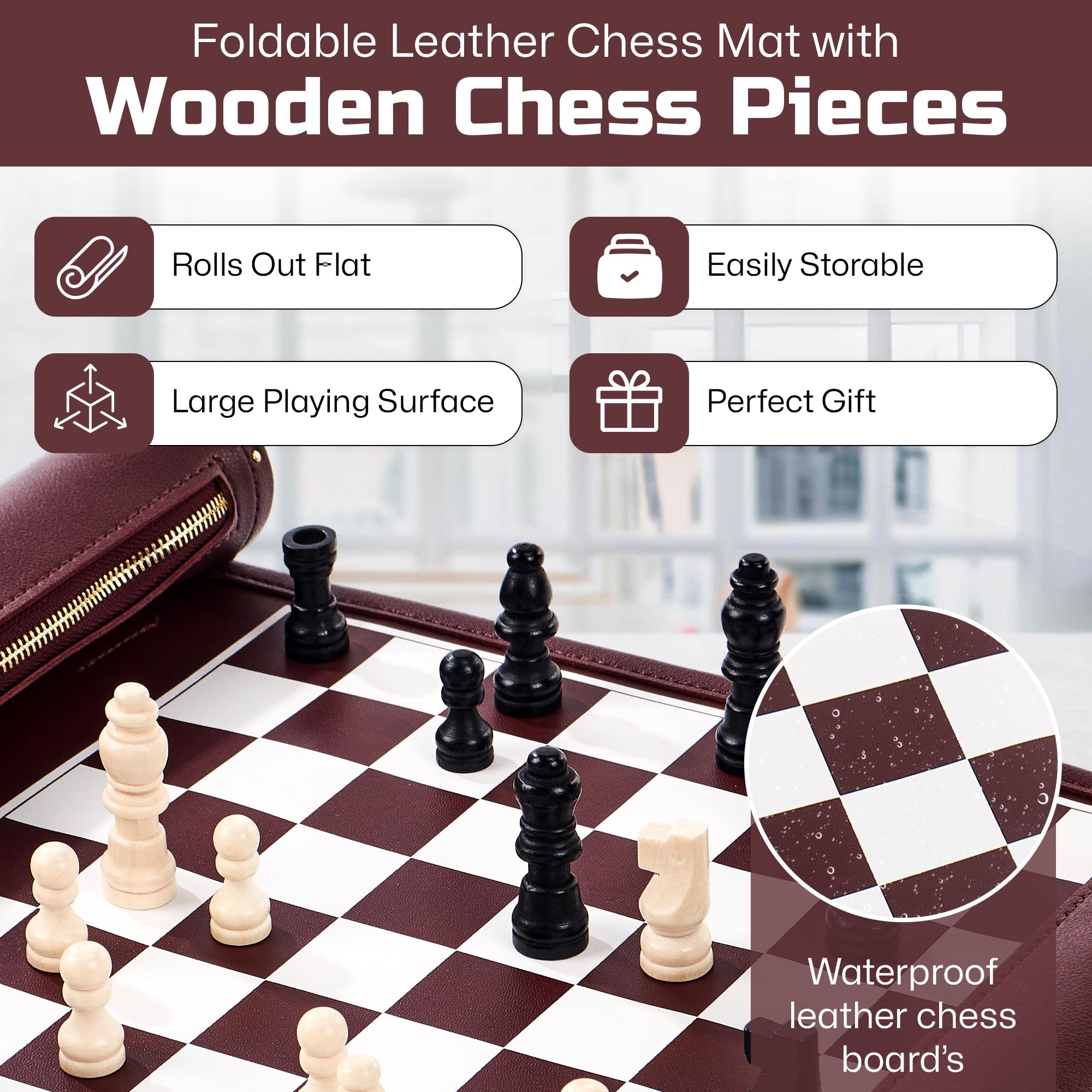 ThreeMoves dark cherry leather mat with wooden pieces for versatile play.