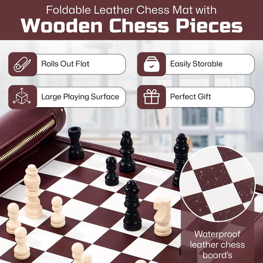 ThreeMoves dark cherry leather mat with wooden pieces for versatile play.