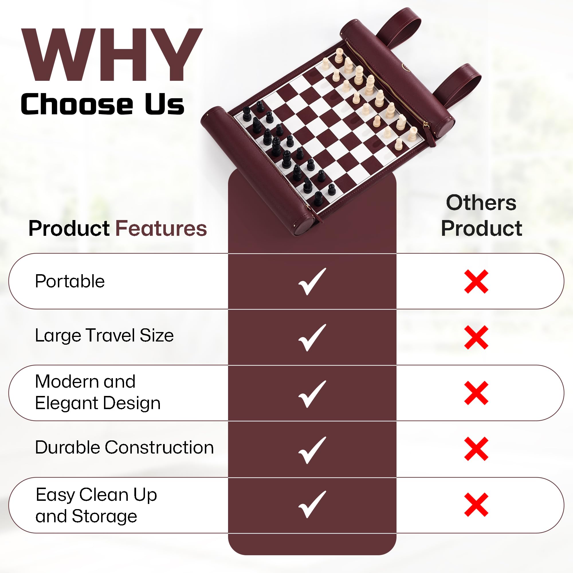 ThreeMoves waterproof leather chess board designed for durable, outdoor-friendly use.