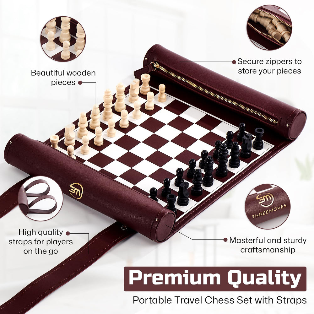 ThreeMoves wooden chess pieces with a premium craftsmanship feel.