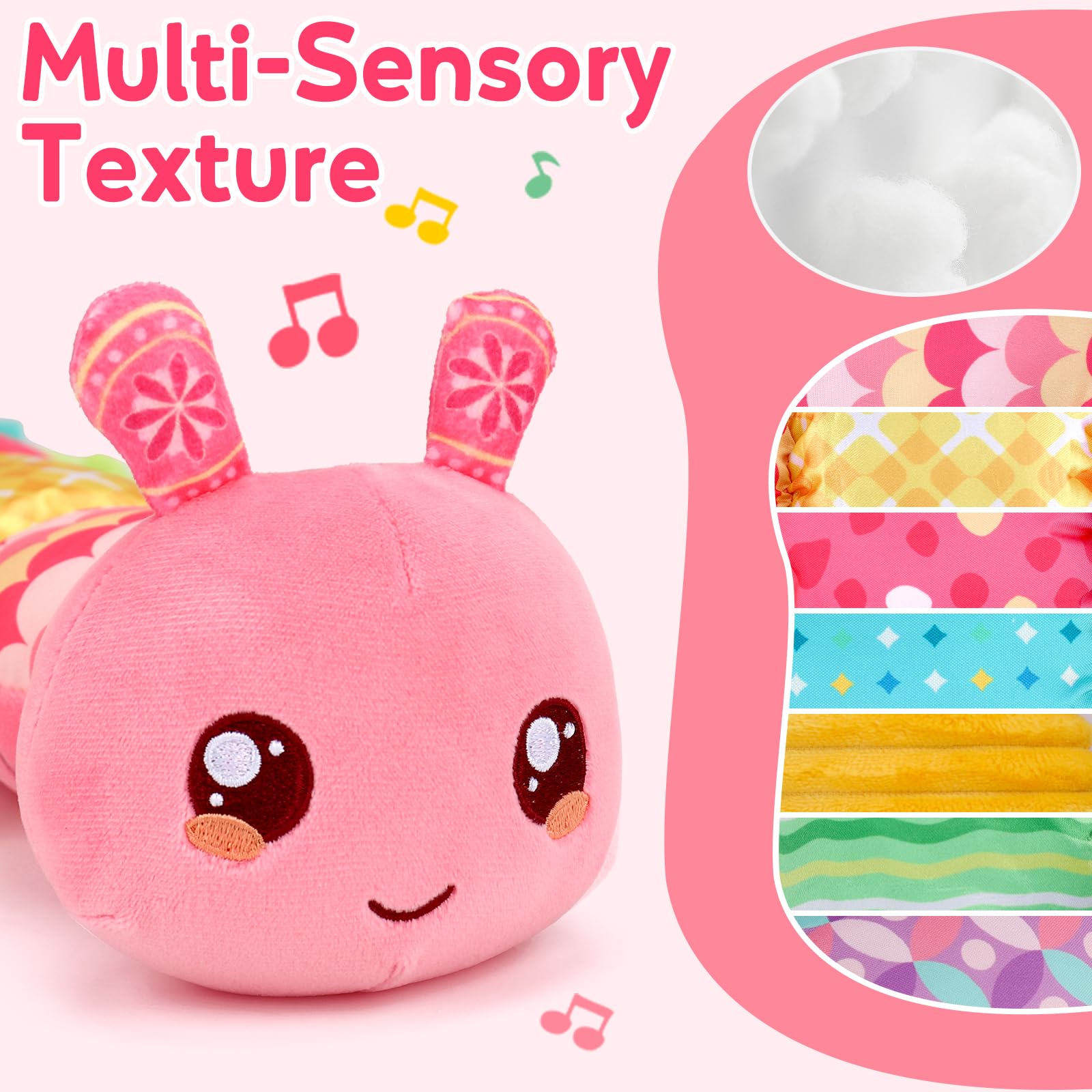 Thremhoo caterpillar crinkle pages provide tactile and auditory engagement for sensory play.