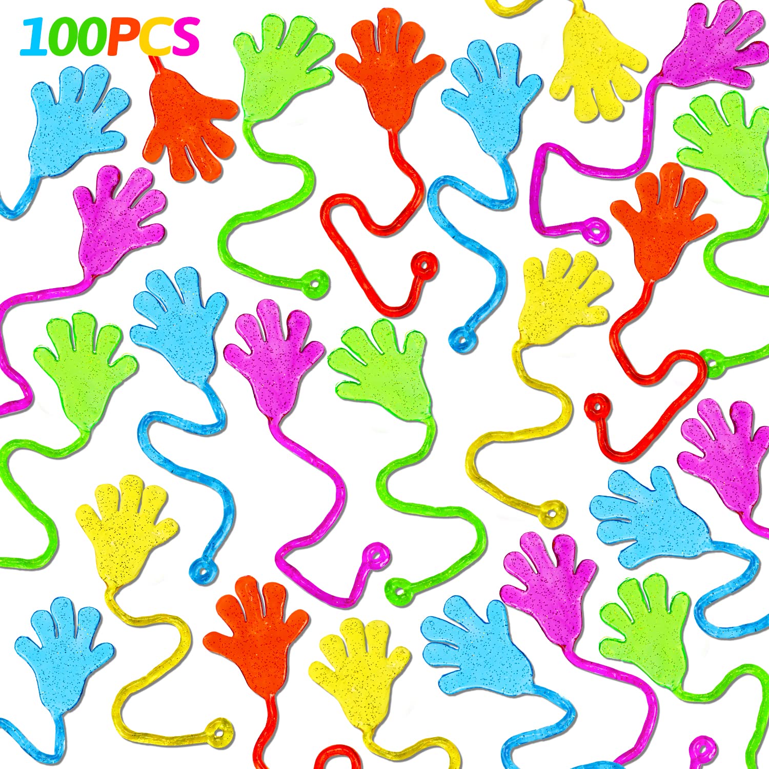 Thremhoo glittery sticky hands in assorted colors for kids party play and sensory fun.