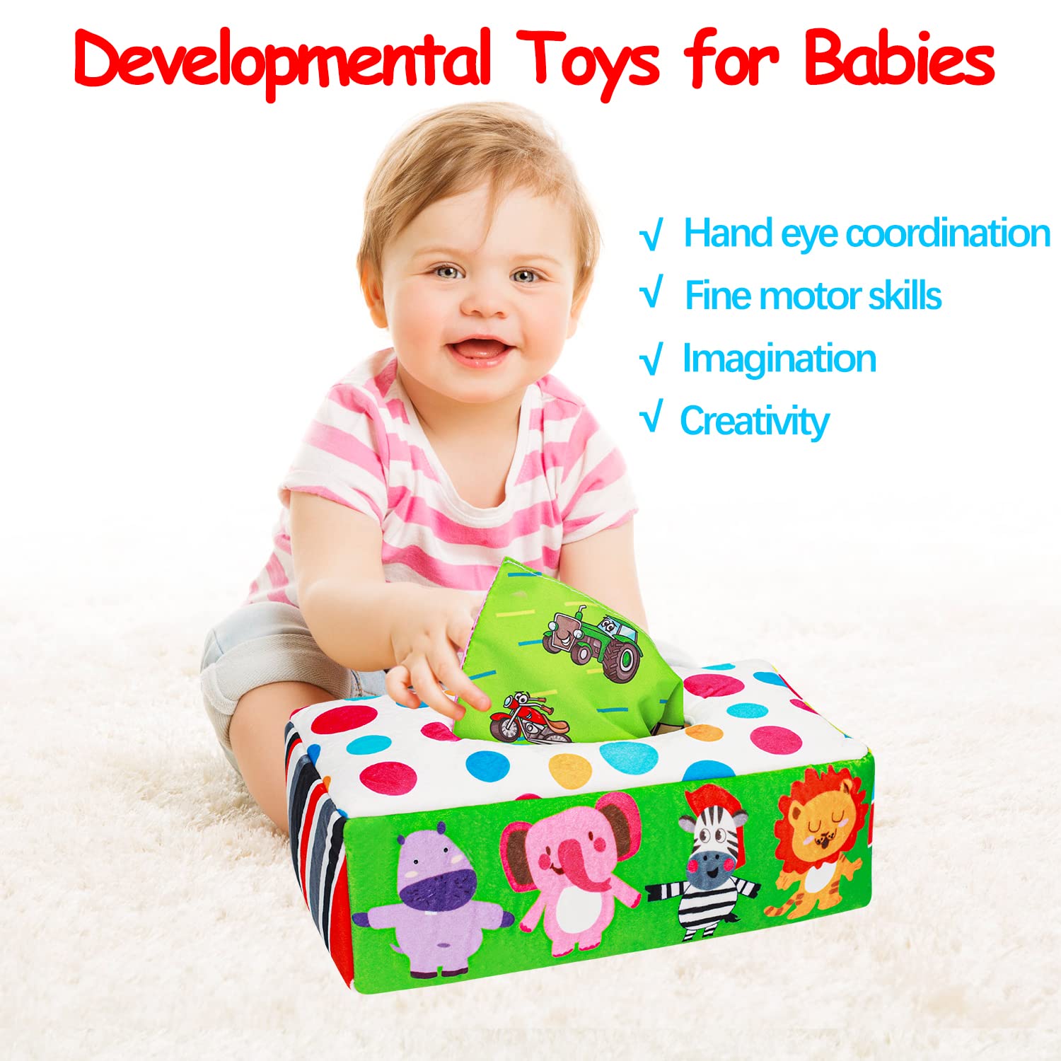 Thremhoo tissue box toy is washable and cotton-based for durable, safe baby play.