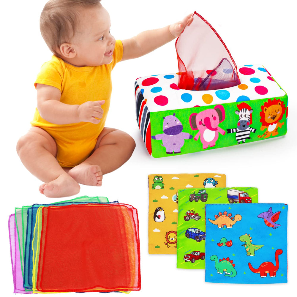 Thremhoo tissue box toy with crinkle tissues encouraging tactile exploration and cause-and-effect play.