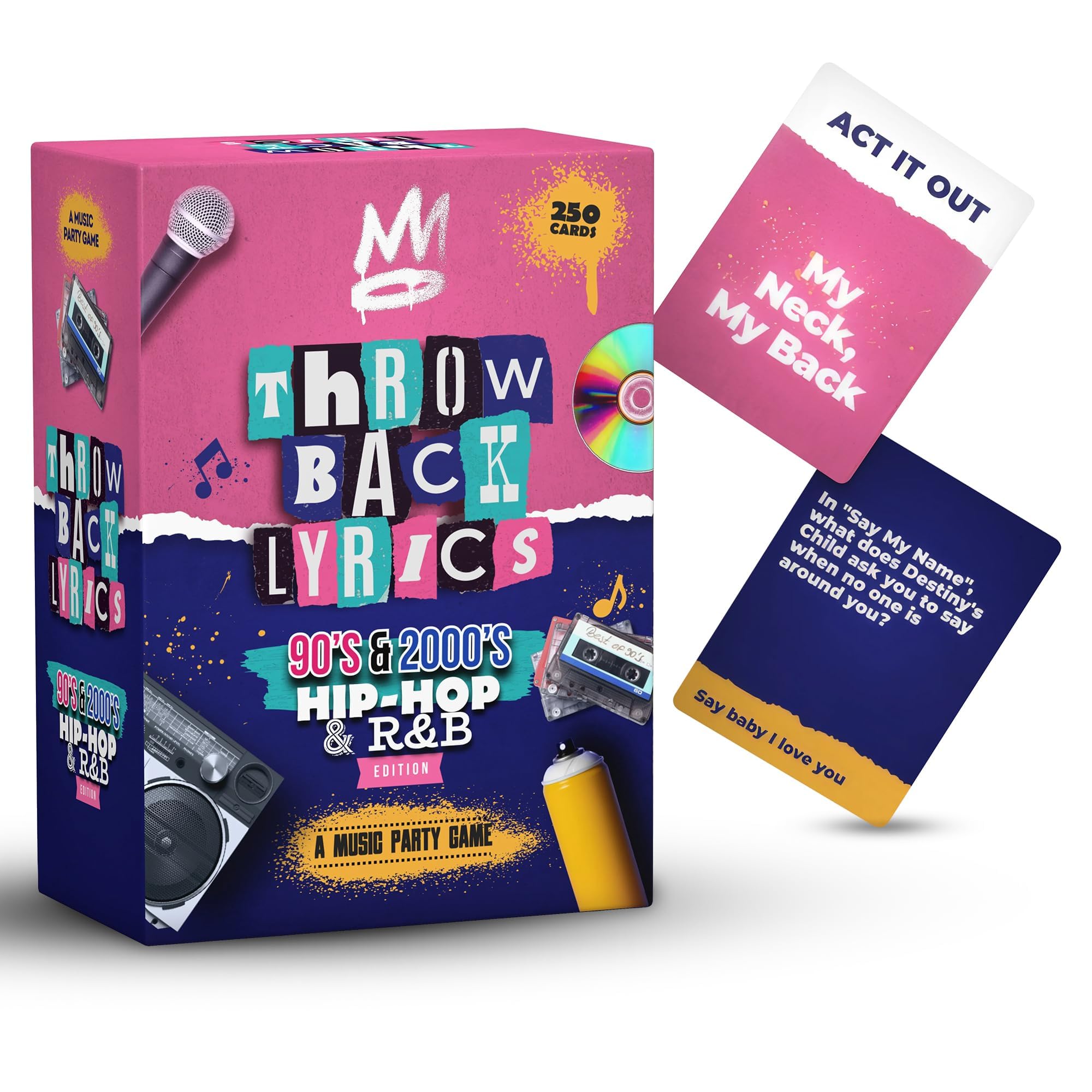 Throwback Lyrics quiz cards featuring iconic 90s and 2000s lyrics; perfect party icebreaker.