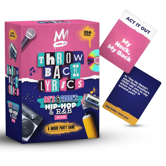 Throwback Lyrics quiz cards featuring iconic 90s and 2000s lyrics; perfect party icebreaker.