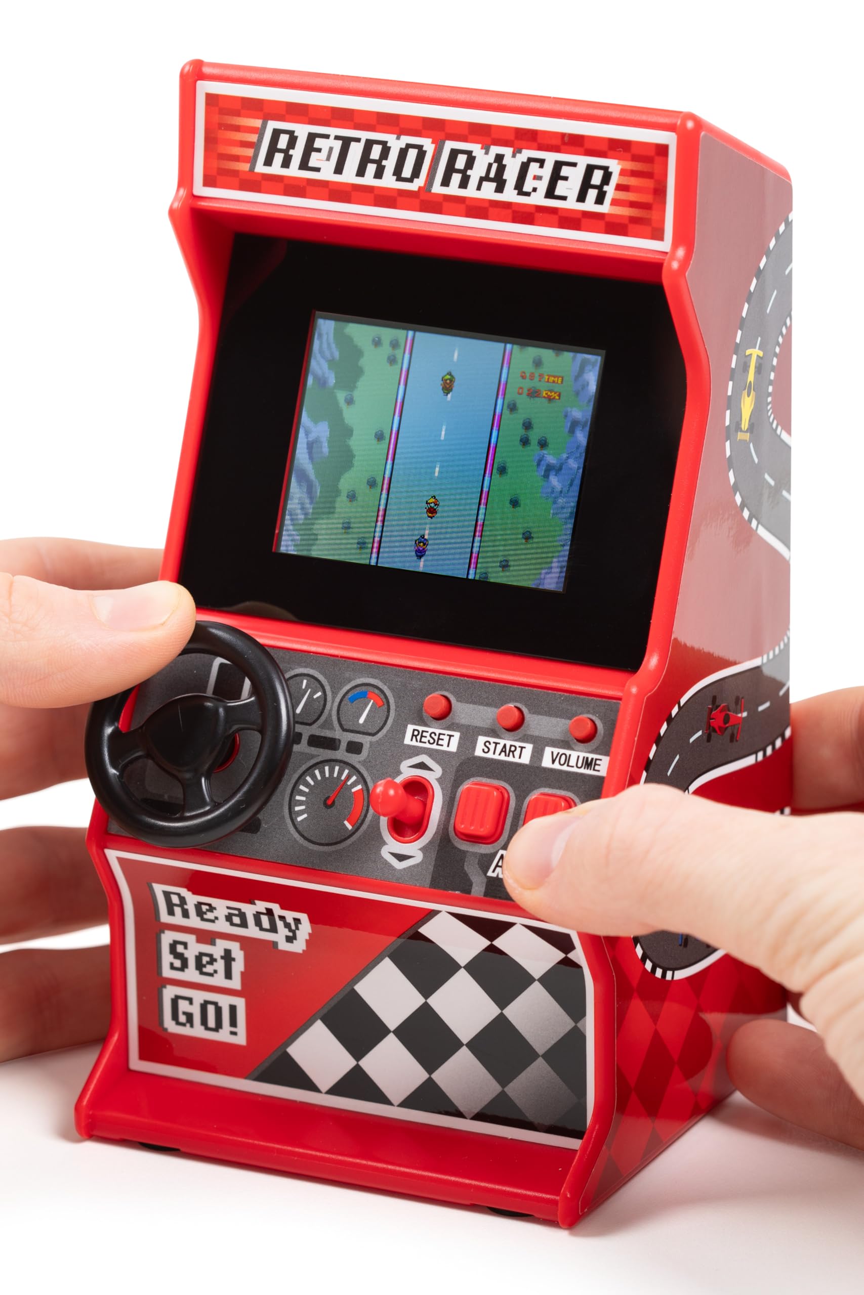 Thumbs Up Orb mini arcade racing machine front view with built-in games and portability.