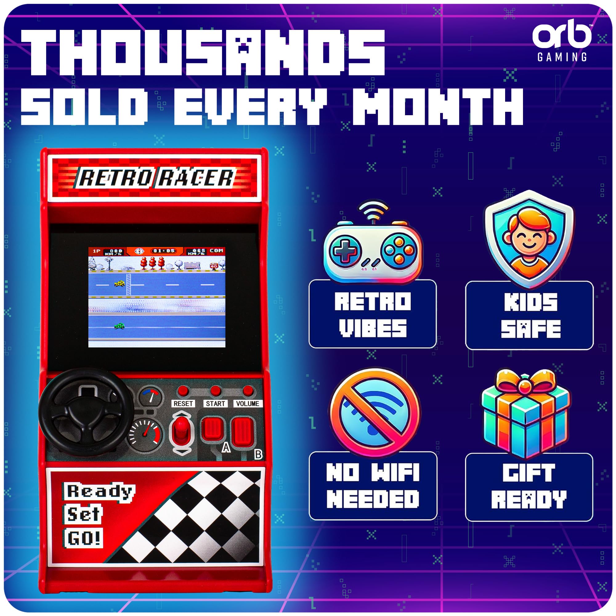 Thumbs Up Orb 30 pre-loaded games on display promotes variety and nostalgia.