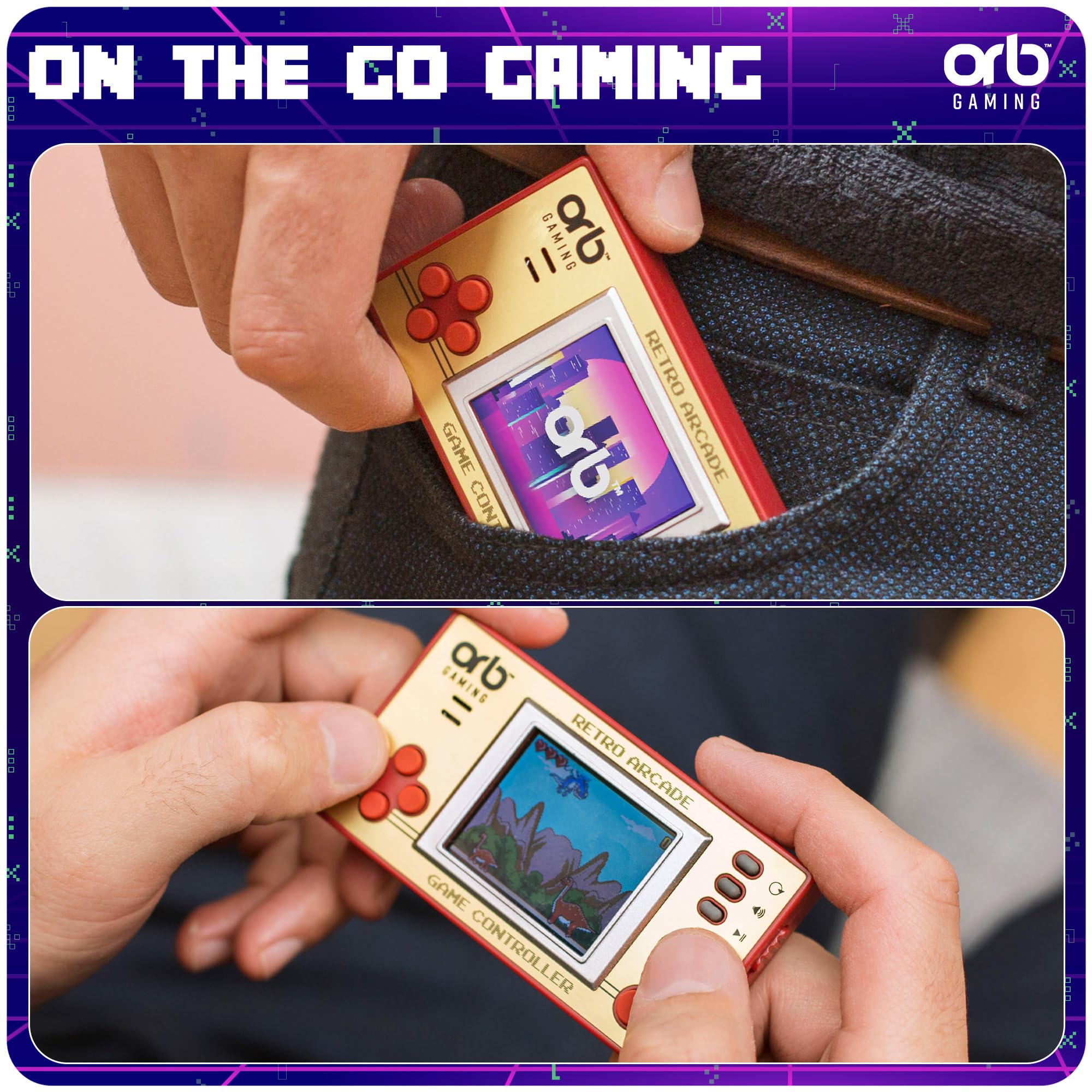 Thumbs Up console with mute button for quiet retro gaming moments.