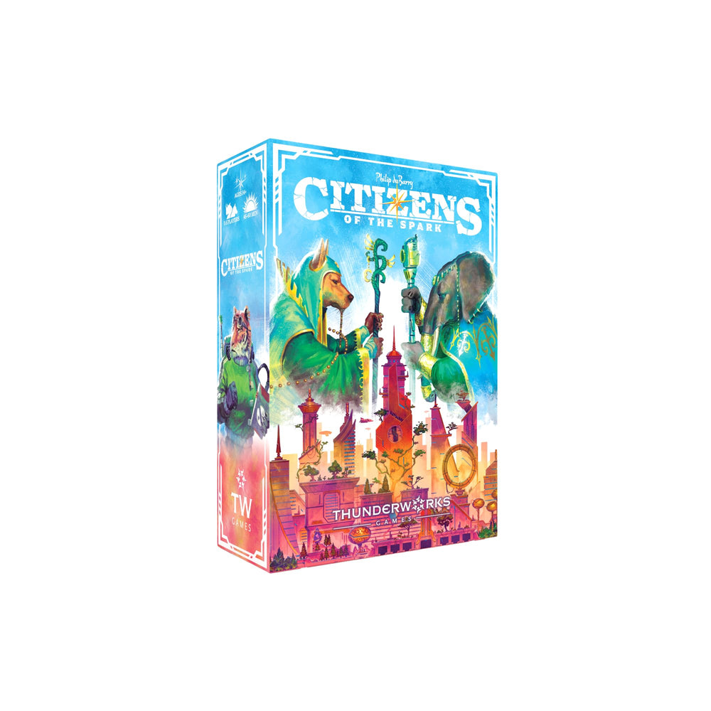 Thunderworks Games Citizens of The Spark tableau setup for clever card combos.