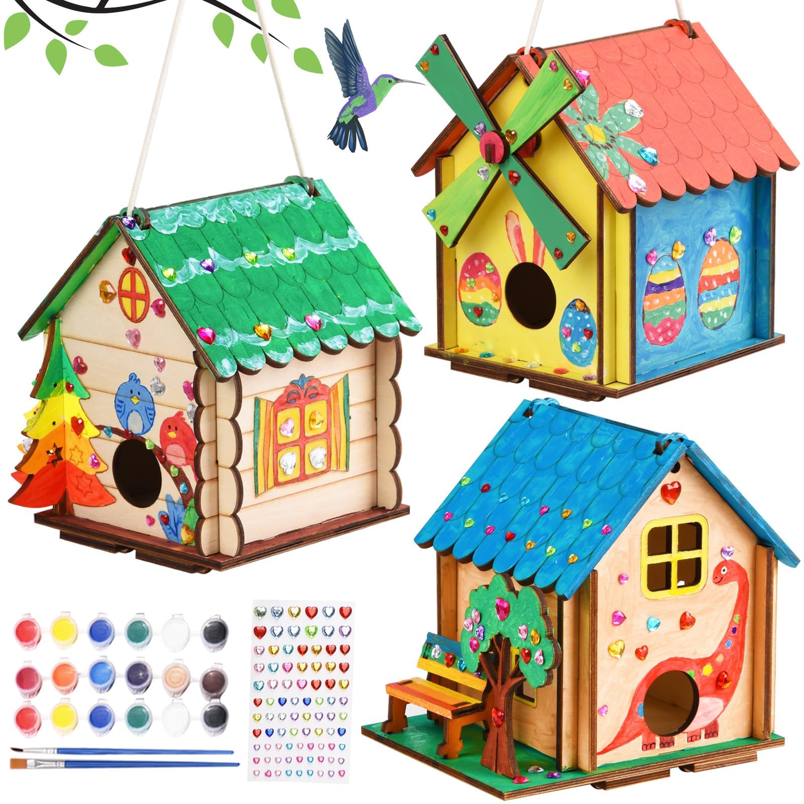 THWAS-LIGHT three pack bird house kit box ready for kid friendly outdoor painting