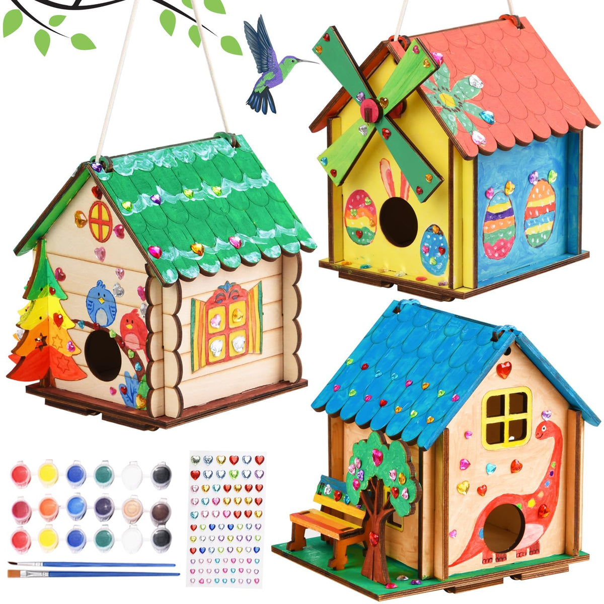 THWAS-LIGHT three pack bird house kit box ready for kid friendly outdoor painting