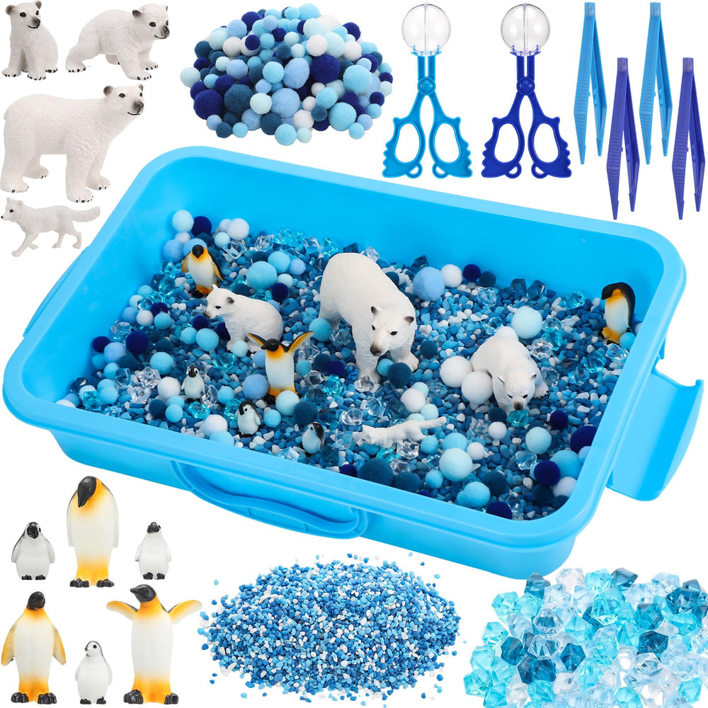 Thyle Winter Polar Sensory Bin blue spherical fixture enhances tactile exploration and fine motor skills.