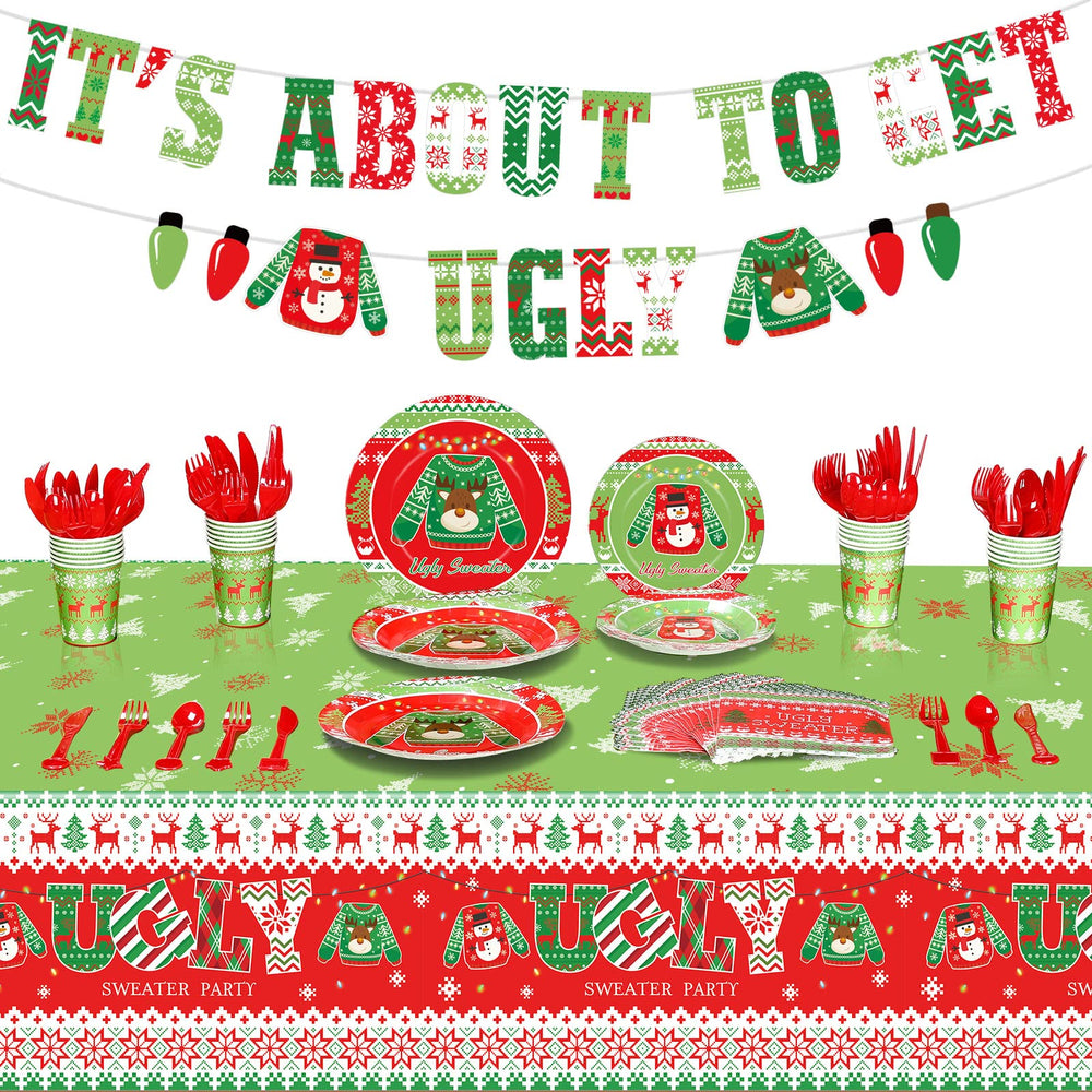 Tiamon 172 Christmas ugly-sweater dinnerware plates for 24 guests, ideal for festive gatherings.